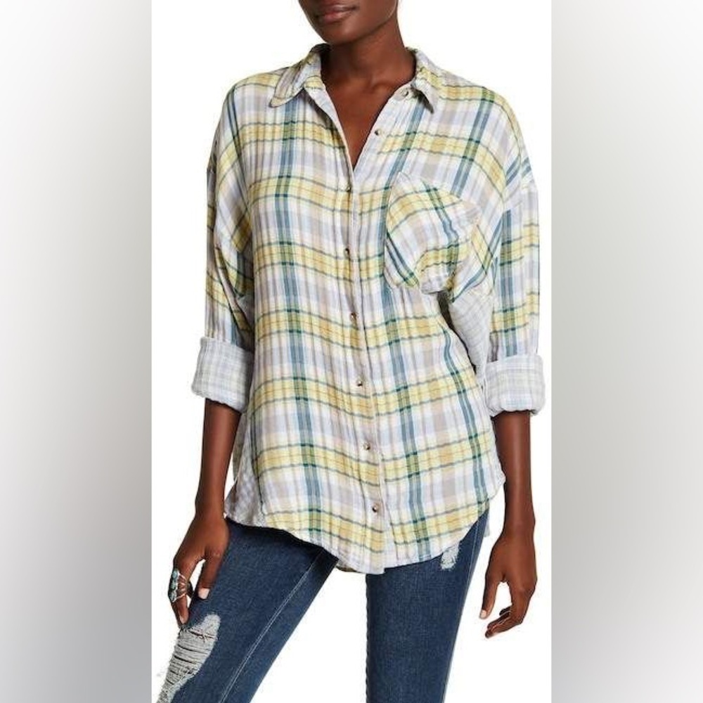 Free People Oversized Plaid Front Pocket Shirt Top